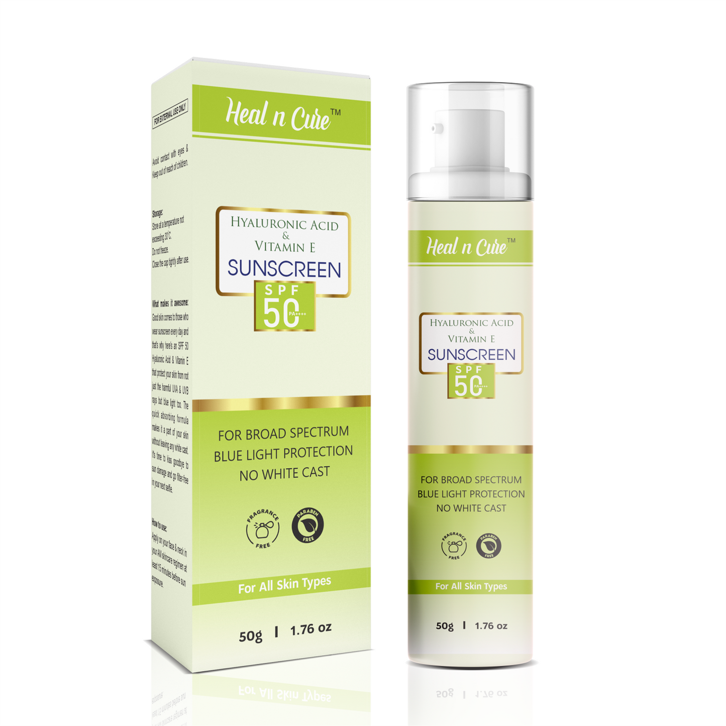 Healncure Hyaluronic Acid & Vitamin E Sunscreen SPF 50 – Broad Spectrum, No White Cast – 50 g