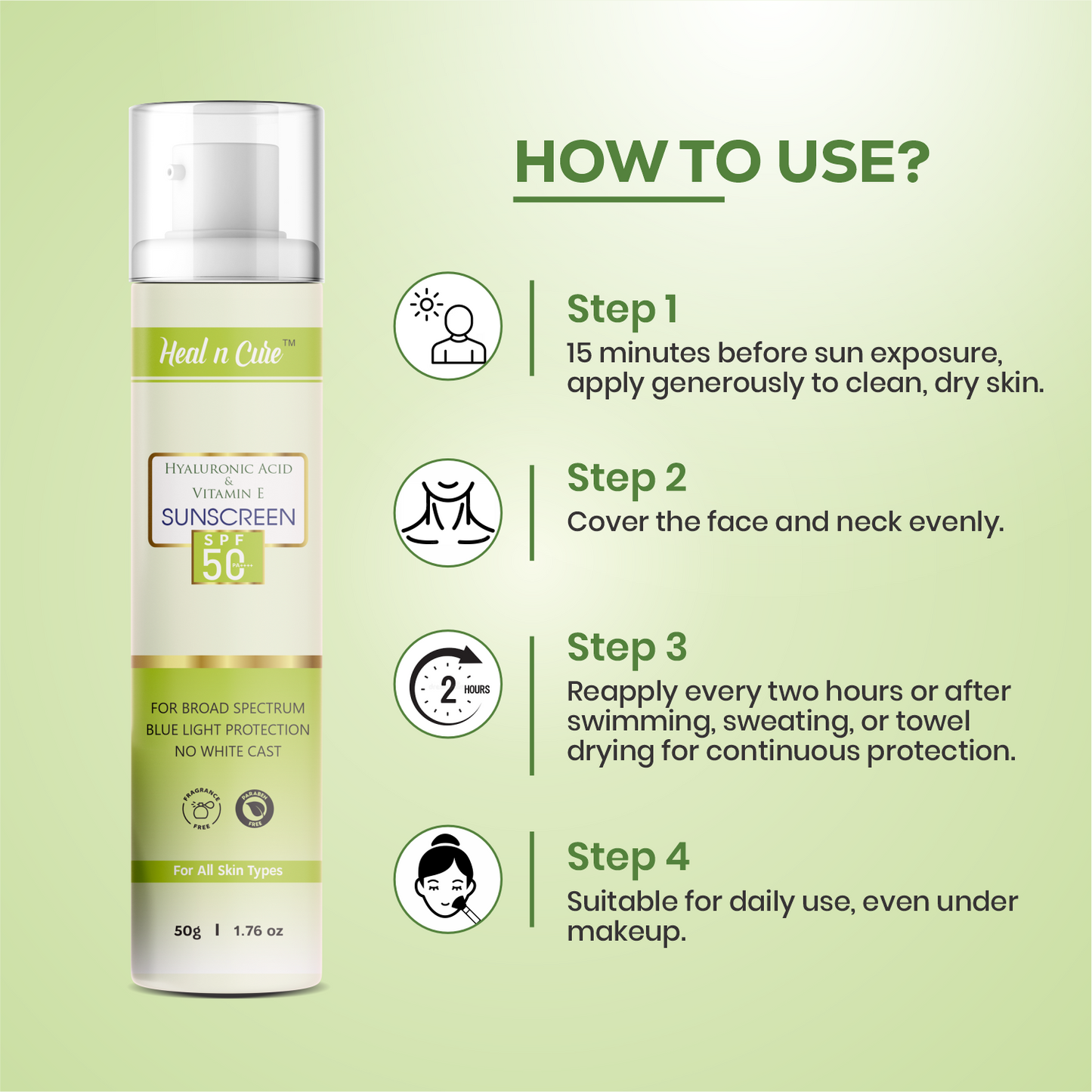 Healncure Hyaluronic Acid & Vitamin E Sunscreen SPF 50 – Broad Spectrum, No White Cast – 50 g