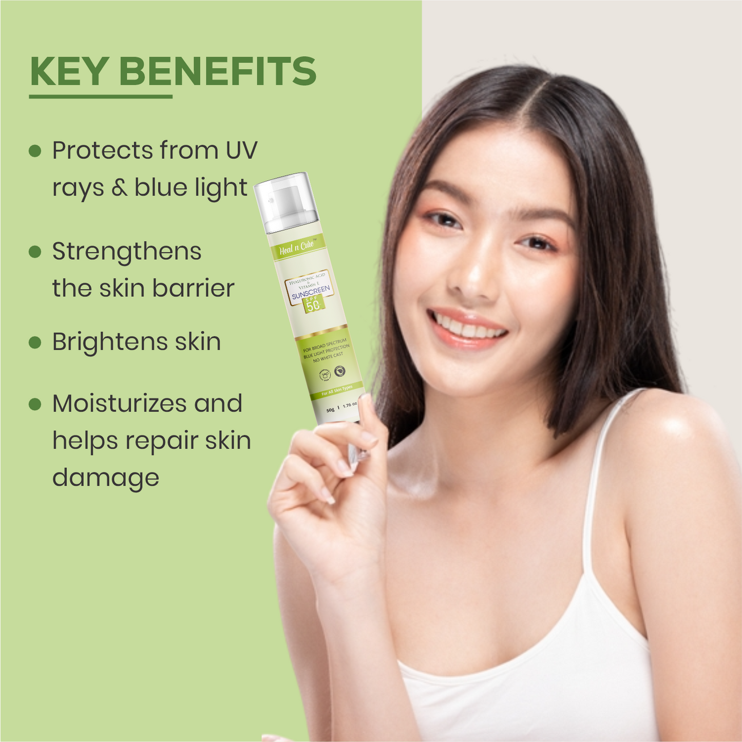Healncure Hyaluronic Acid & Vitamin E Sunscreen SPF 50 – Broad Spectrum, No White Cast – 50 g