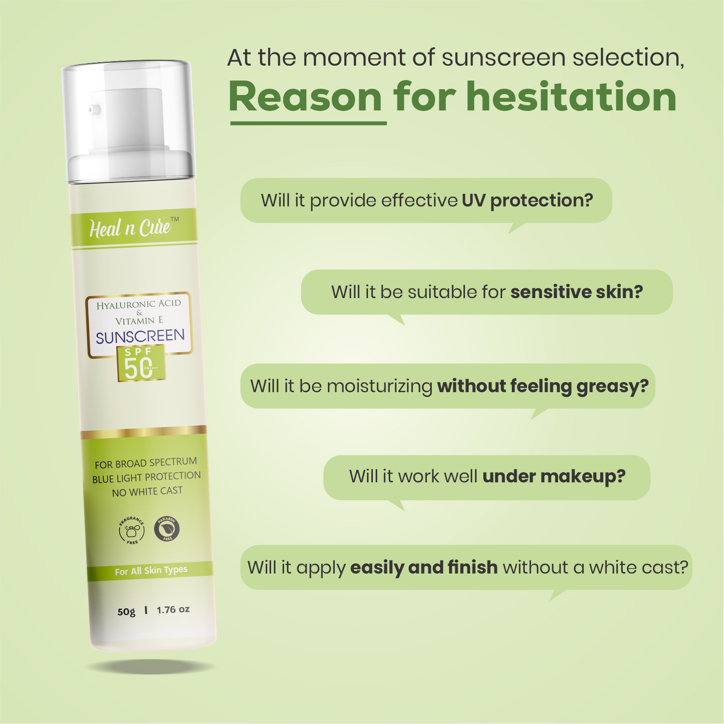 Healncure Hyaluronic Acid & Vitamin E Sunscreen SPF 50 – Broad Spectrum, No White Cast – 50 g