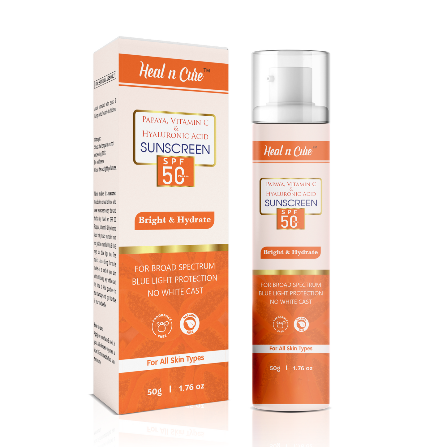 Healncure Papaya, Vitamin C & Hyaluronic Acid Sunscreen SPF 50 – Bright & Hydrate – 50 g