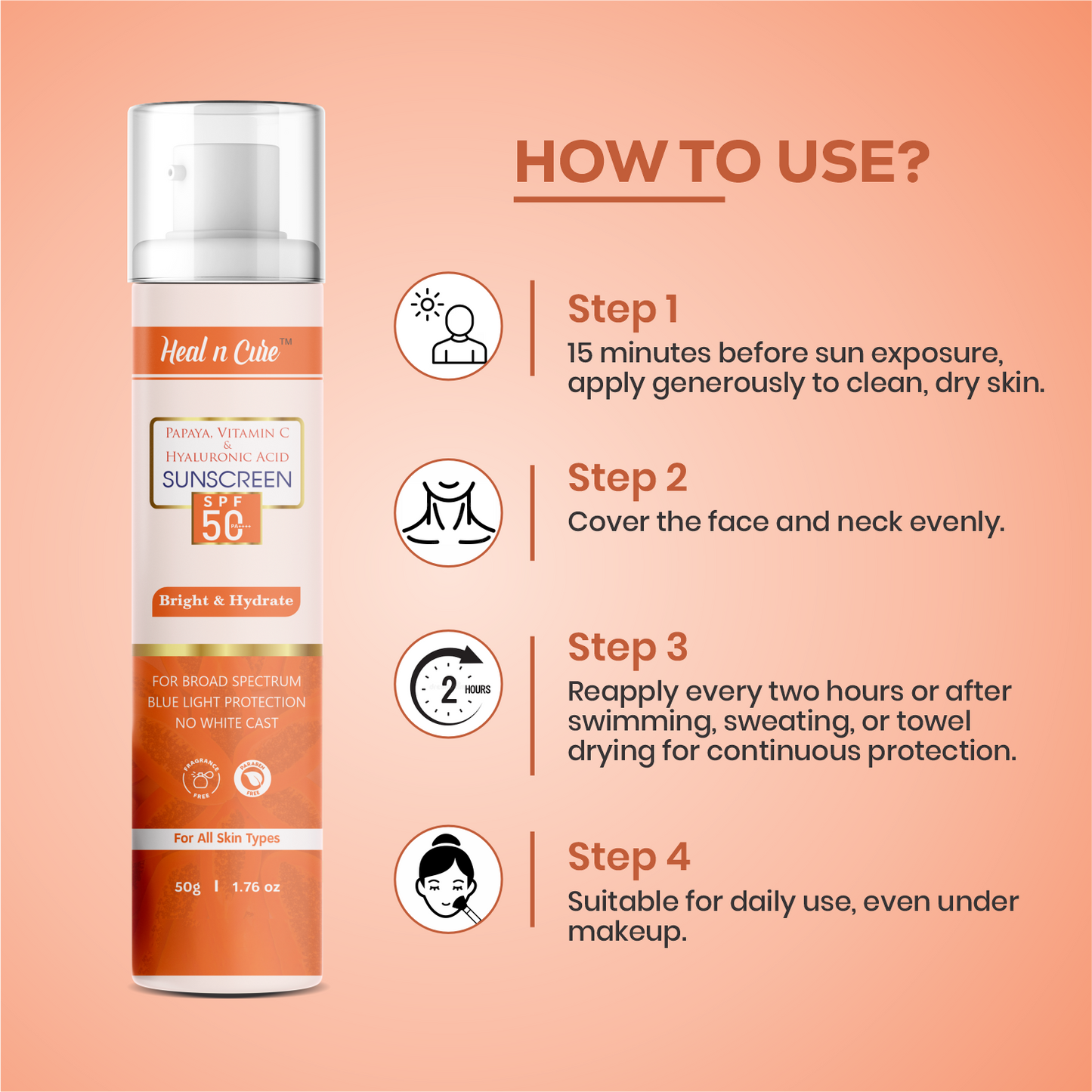 Healncure Papaya, Vitamin C & Hyaluronic Acid Sunscreen SPF 50 – Bright & Hydrate – 50 g