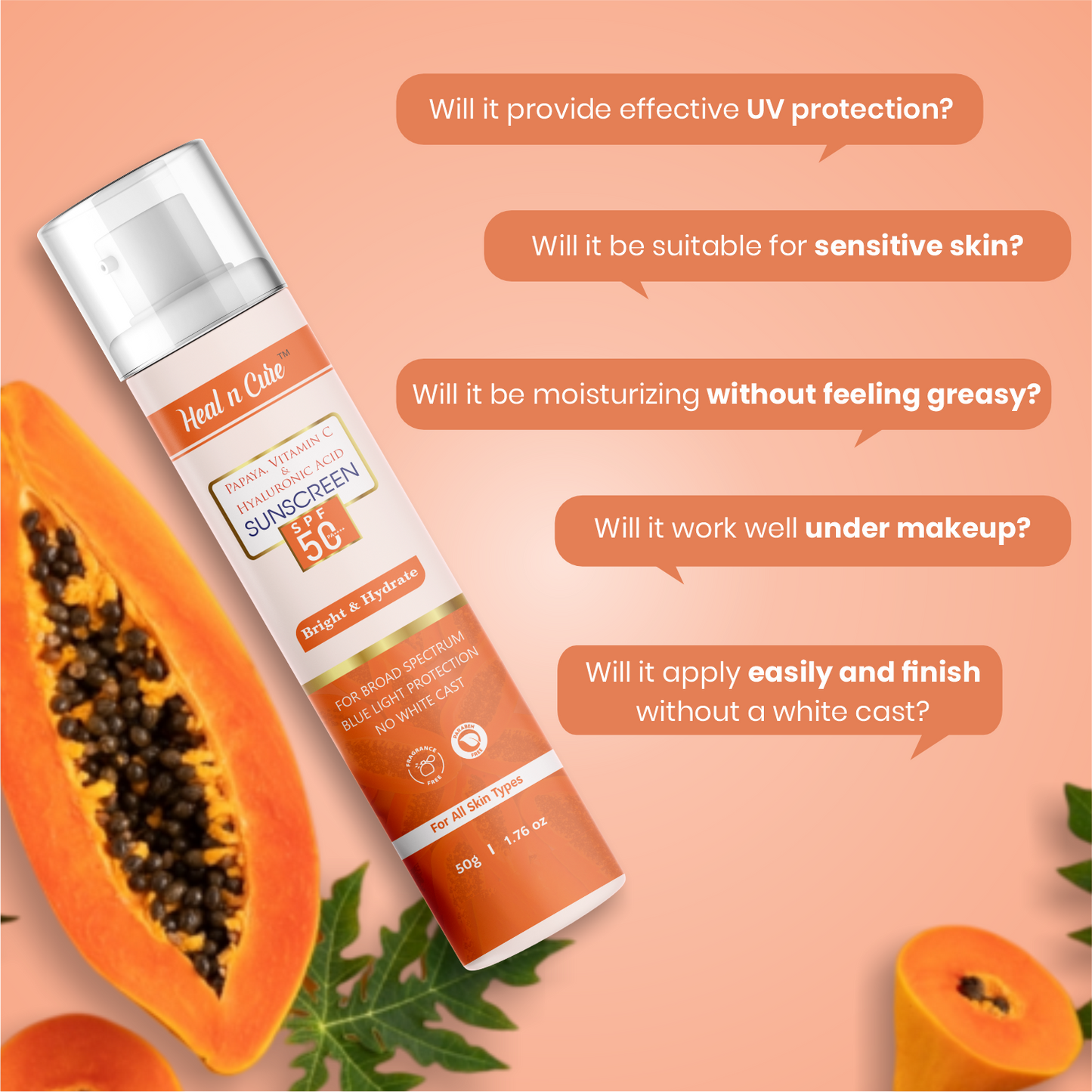 Healncure Papaya, Vitamin C & Hyaluronic Acid Sunscreen SPF 50 – Bright & Hydrate – 50 g