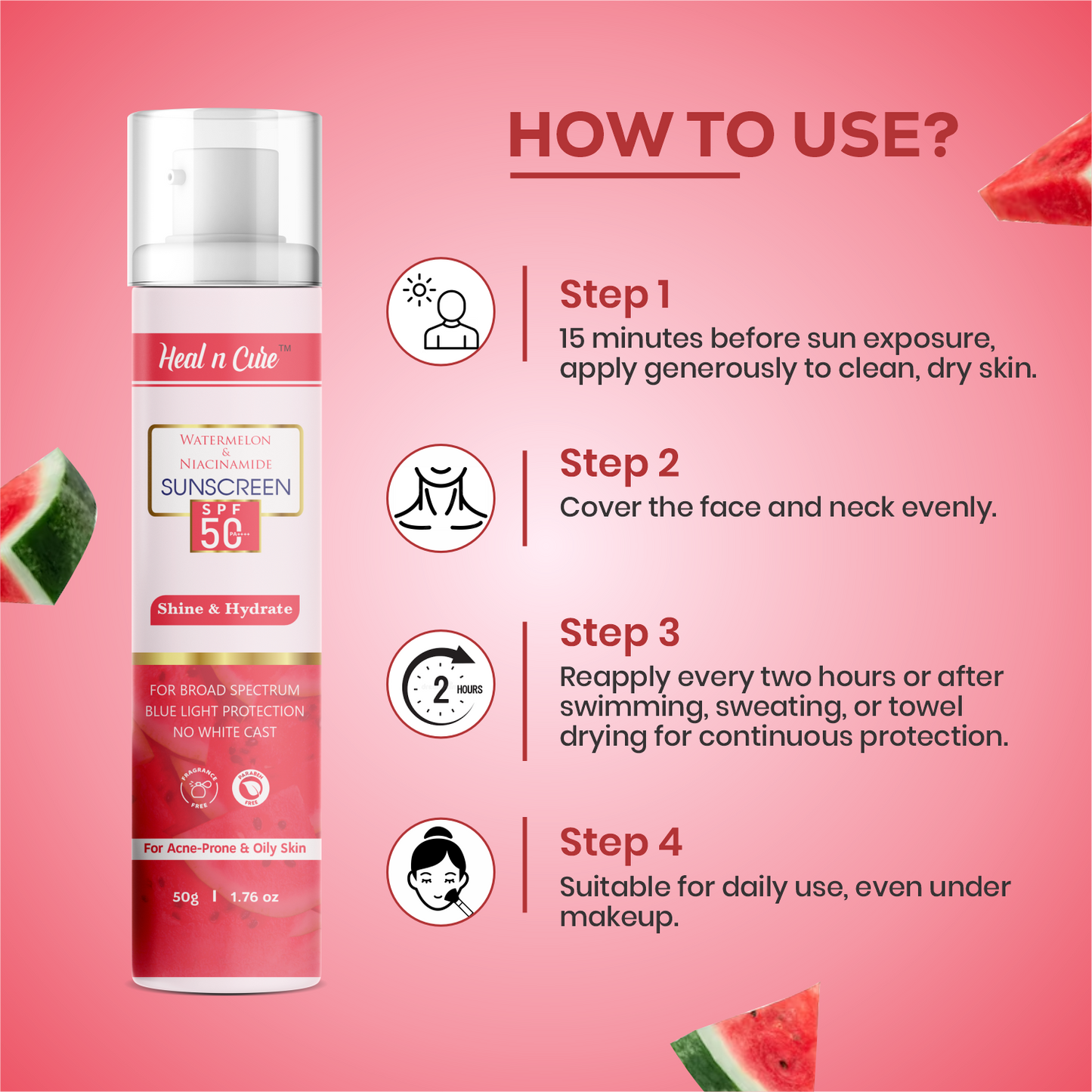 Healncure Watermelon & Niacinamide Sunscreen SPF 50+ – Shine & Hydrate – 50 g