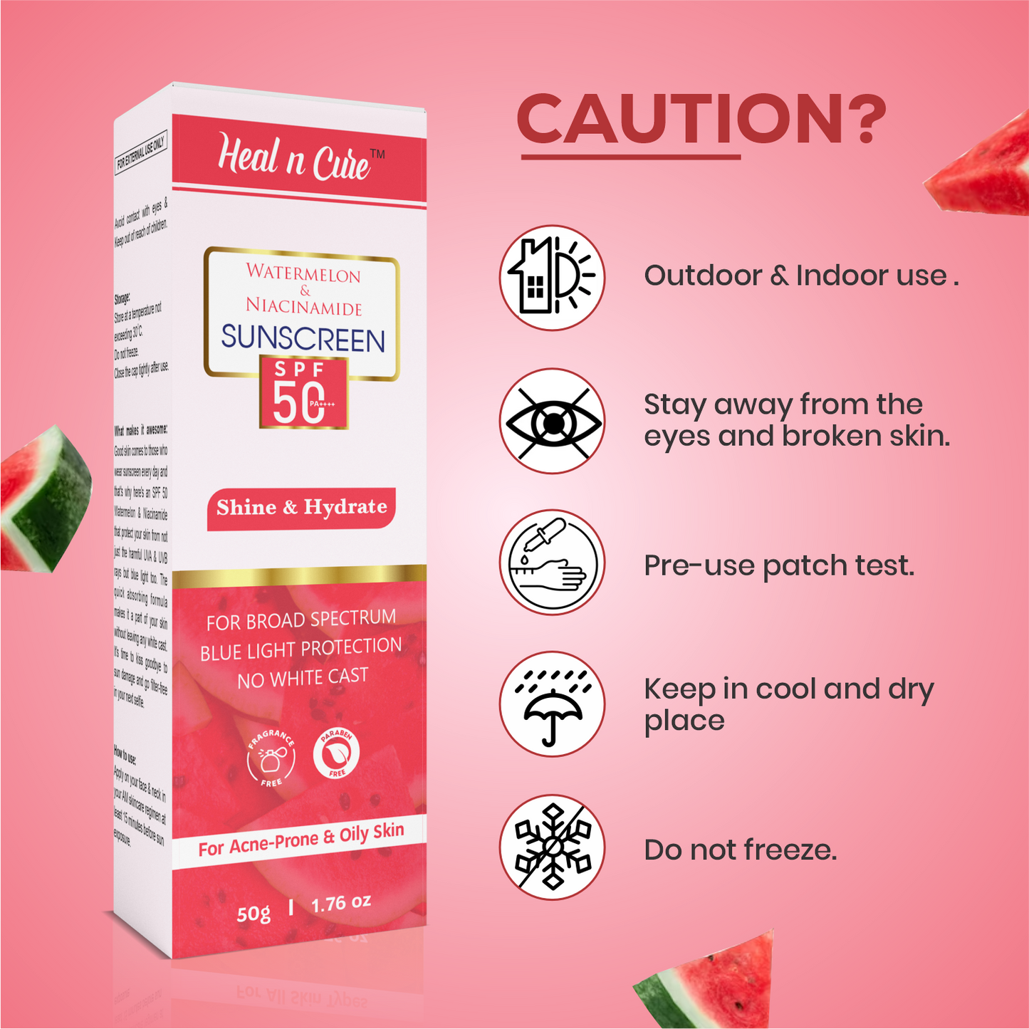 Healncure Watermelon & Niacinamide Sunscreen SPF 50+ – Shine & Hydrate – 50 g