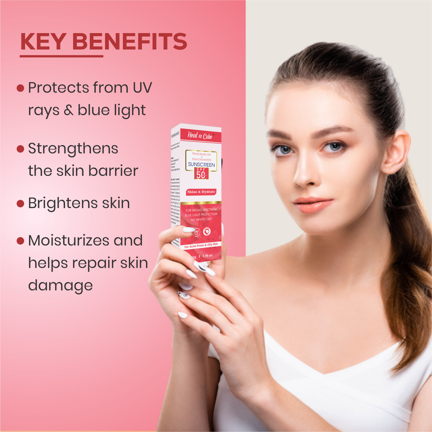 Healncure Watermelon & Niacinamide Sunscreen SPF 50+ – Shine & Hydrate – 50 g