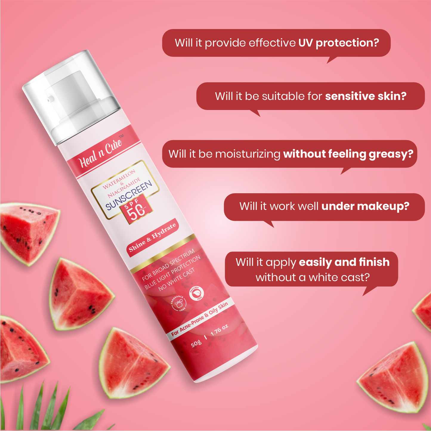 Healncure Watermelon & Niacinamide Sunscreen SPF 50+ – Shine & Hydrate – 50 g