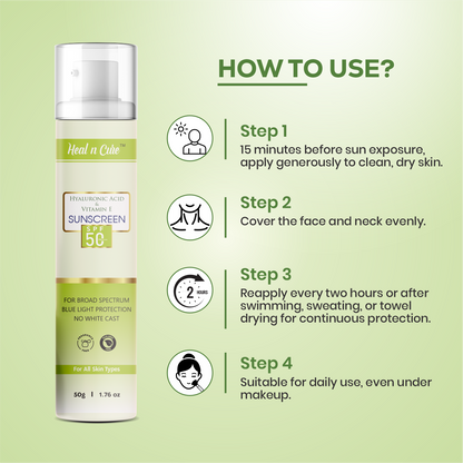 Healncure Hyaluronic Acid & Vitamin E Sunscreen SPF 50 – Broad Spectrum, No White Cast – 50 g