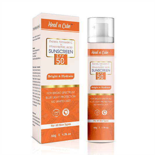 Healncure Papaya, Vitamin C & Hyaluronic Acid Sunscreen SPF 50 – Bright & Hydrate – 50 g