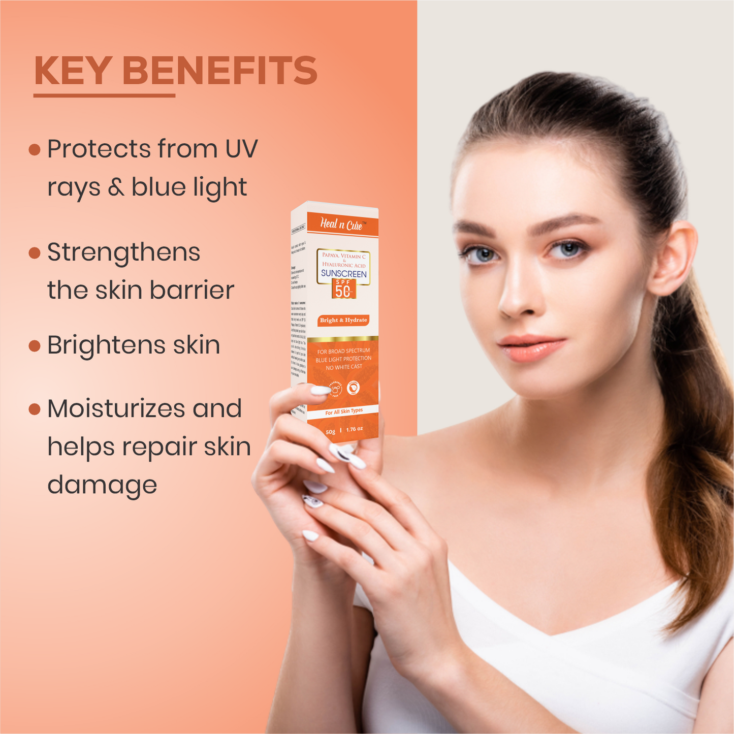 Healncure Papaya, Vitamin C & Hyaluronic Acid Sunscreen SPF 50 – Bright & Hydrate – 50 g
