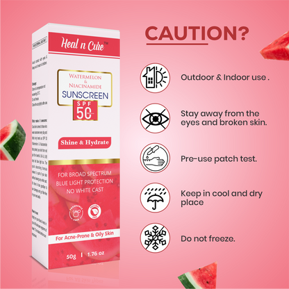Healncure Watermelon & Niacinamide Sunscreen SPF 50+ – Shine & Hydrate – 50 g