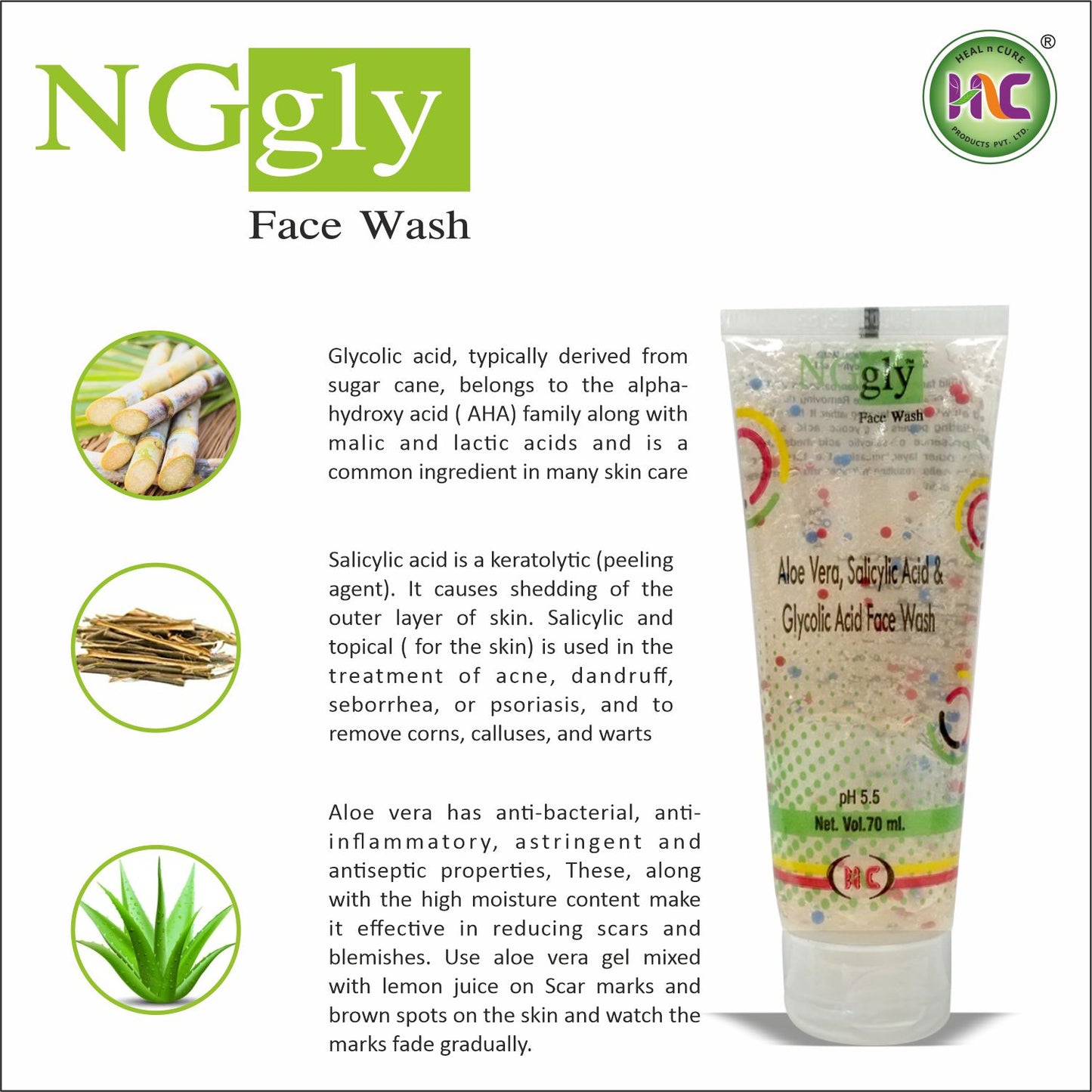 Healncure NGgly Aloe Vera, Salicylic Acid & Glycolic Acid Face Wash – 70ml | Oil Control & Acne Care