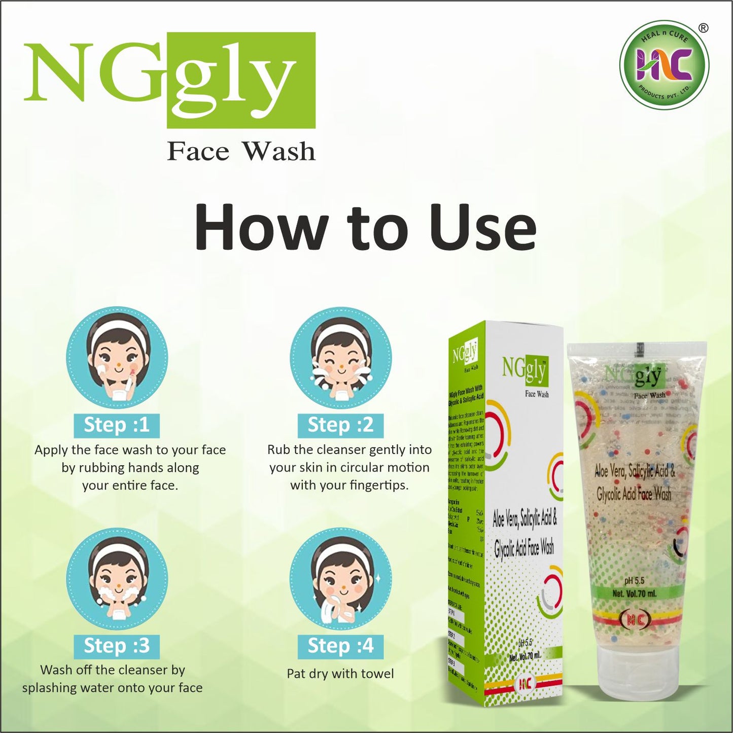Healncure NGgly Aloe Vera, Salicylic Acid & Glycolic Acid Face Wash – 70ml | Oil Control & Acne Care