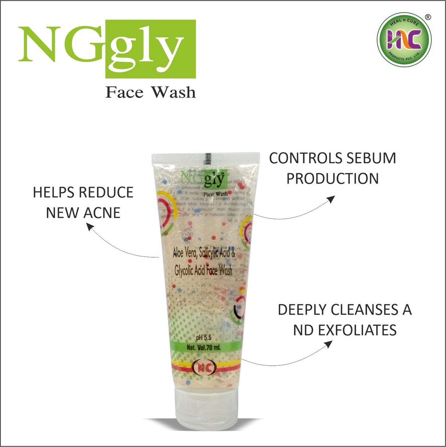Healncure NGgly Aloe Vera, Salicylic Acid & Glycolic Acid Face Wash – 70ml | Oil Control & Acne Care